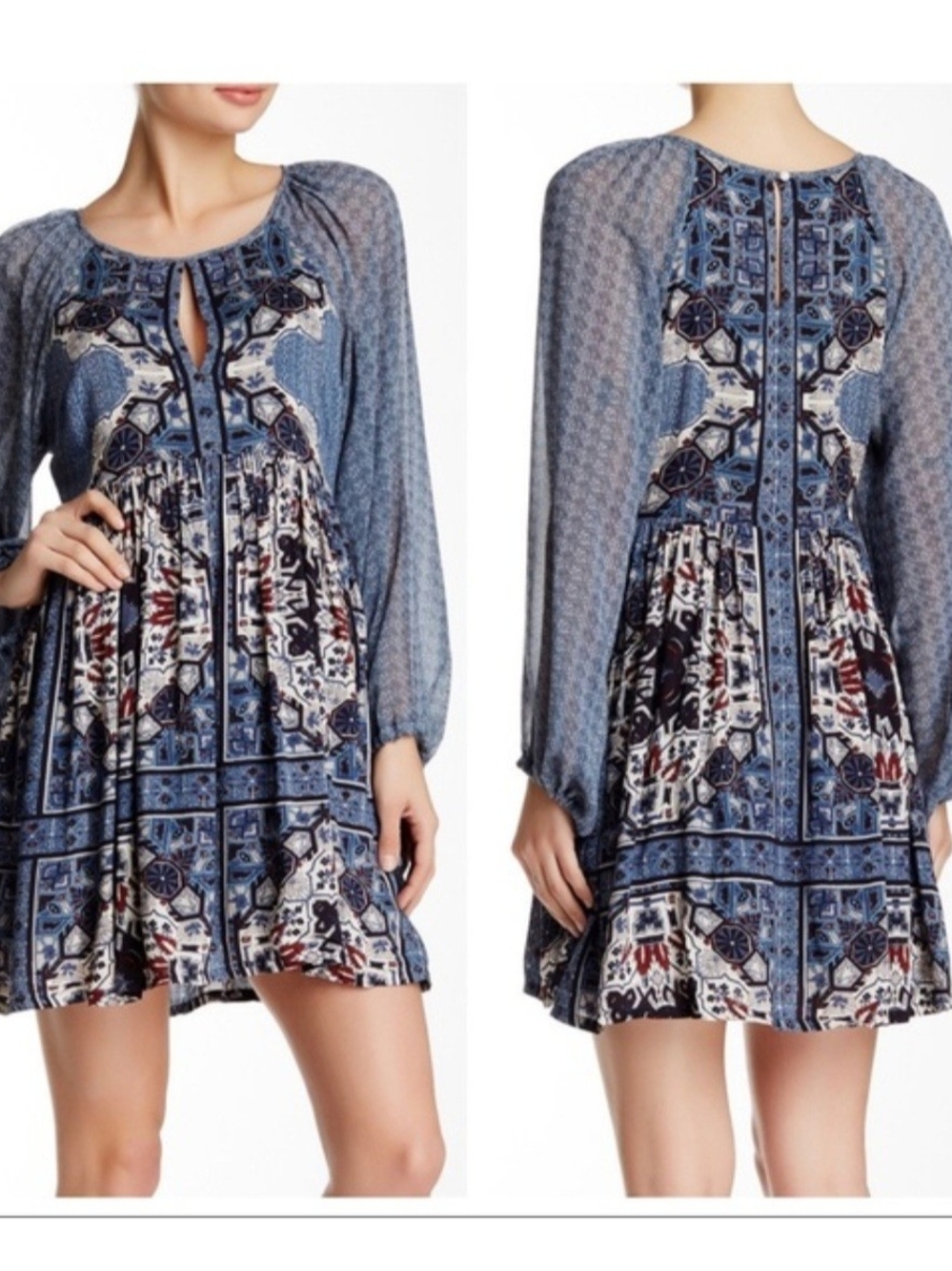 Free People Boho Printed Long-Sleeve Mini Dress - Blue Size 2